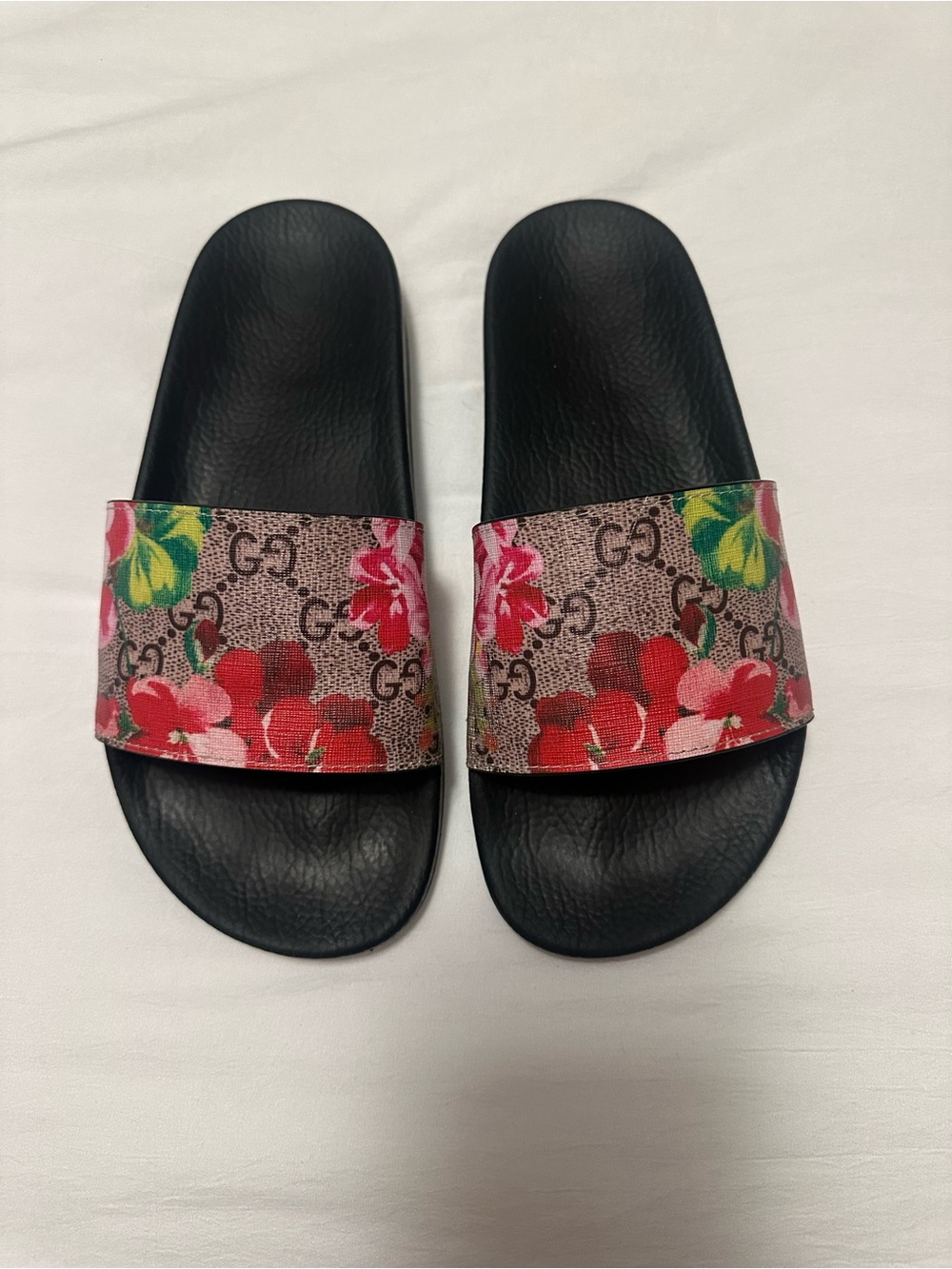 Gucci Black Slide Sandals with Pink & Red Floral Strap